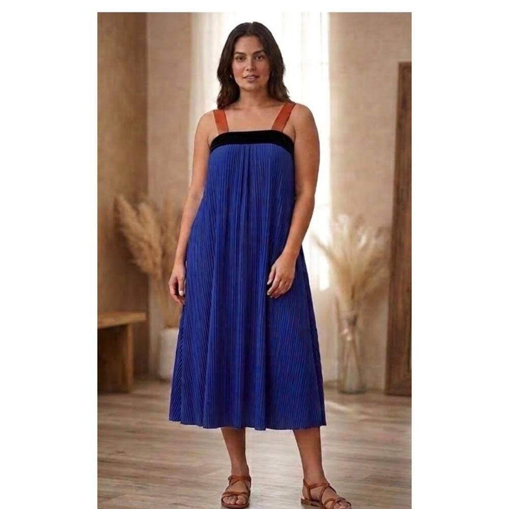 Zara Large Blue Red Pleated Sleeveless Loose Midi Resort Americans Coastal Dress